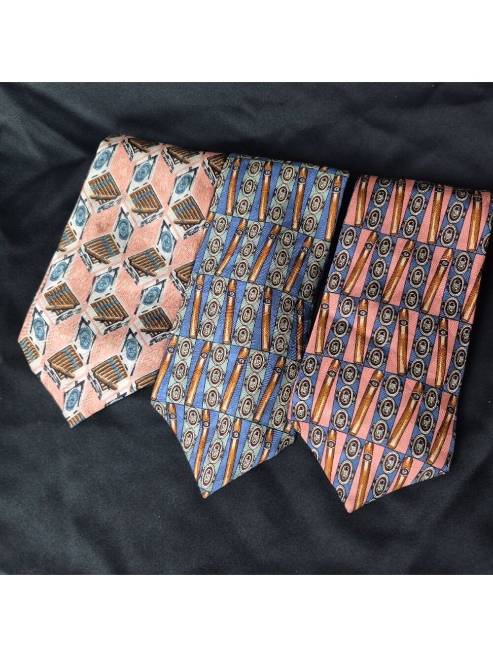 VINTAGE 1960s Prestige Classic Cigars Silk Necktie Lot of 3 Blu/Pnk/Brn/Grn